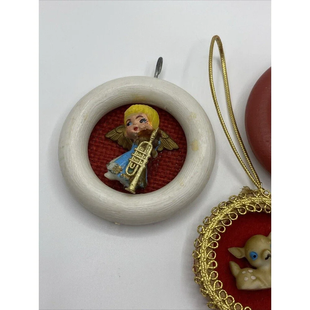 Vintage Christmas Handmade Ornaments Agel Lantern Bunny Deer Round Hanging
